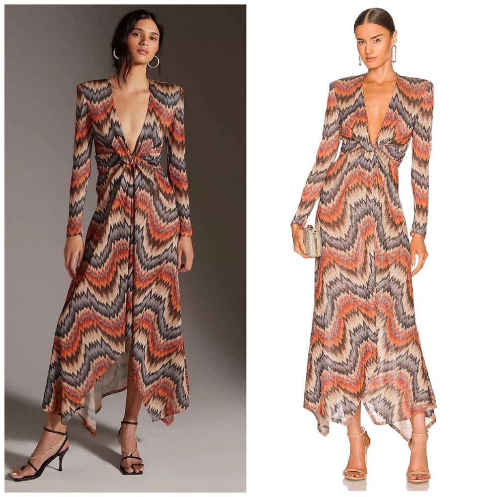 Ronny Kobo Collection Zigzag Maxi Dress in Orange, Black & Cream
